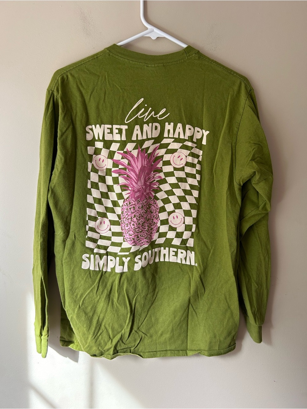 Simply Southern Olive Green Long Sleeve Tee with Pink Pineapple Graphic